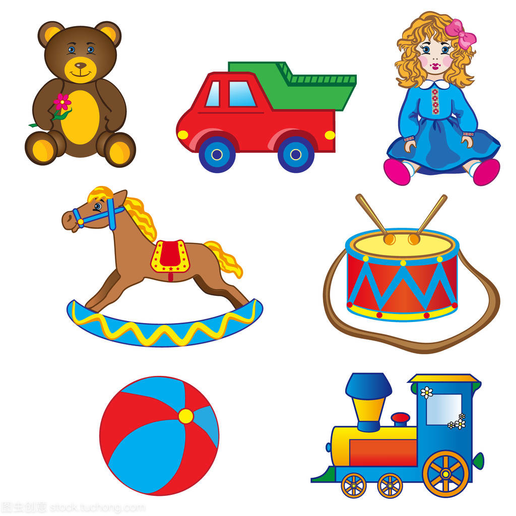 婴儿玩具图纸,汽车、 熊、 马、 娃娃、 球、 引擎,鼓上白色,矢量插画,角色设计海报、 贺卡、 儿童邀请、 婴儿洗澡、 创作的字母表孤立
